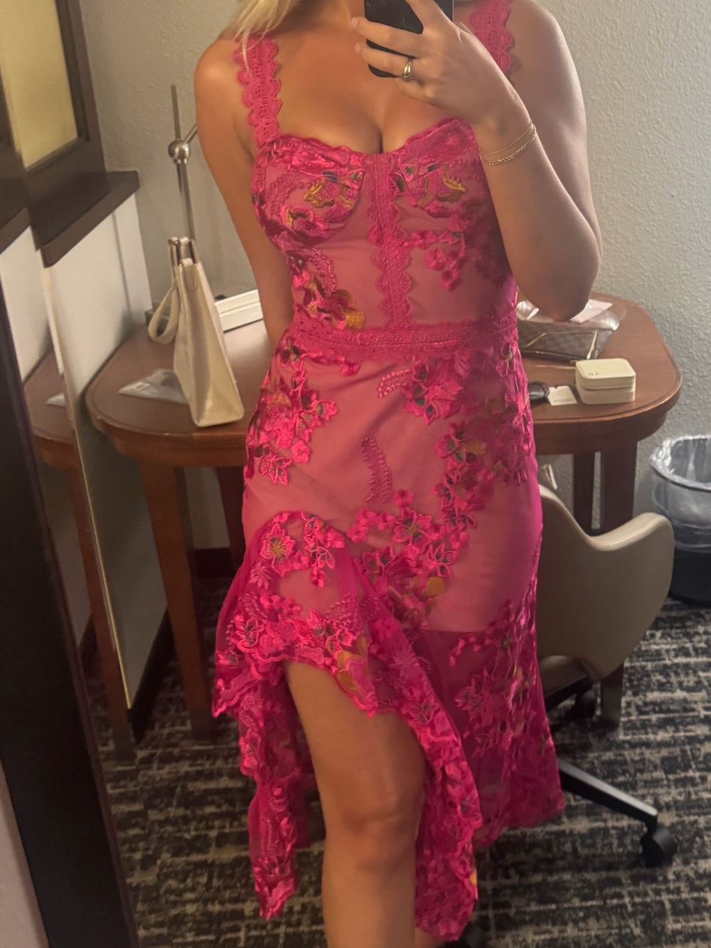 Bronx and Banco Pink Lace Asymmetrical Dress